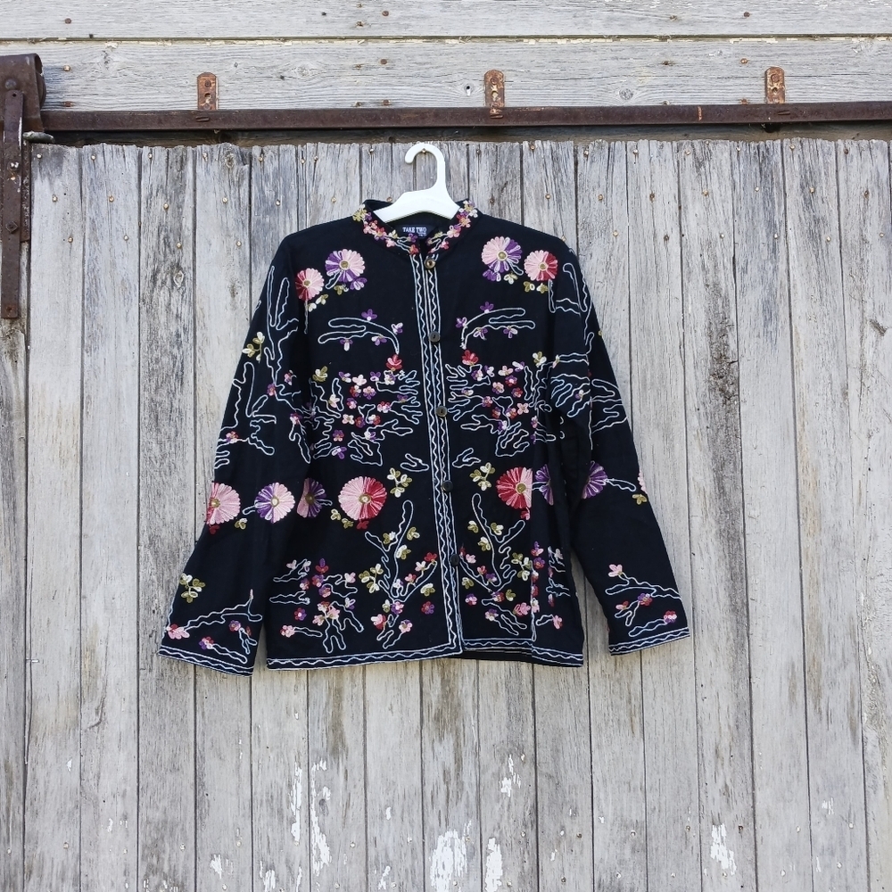 Take Two  Womens Size L Embroidered Black Floral Jacket Button‎ Front Cotton